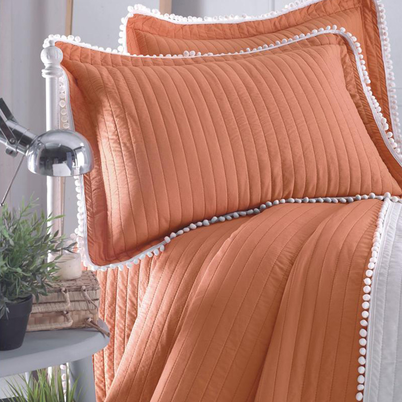 coral color quilted bedspread bedding set with pompoms
